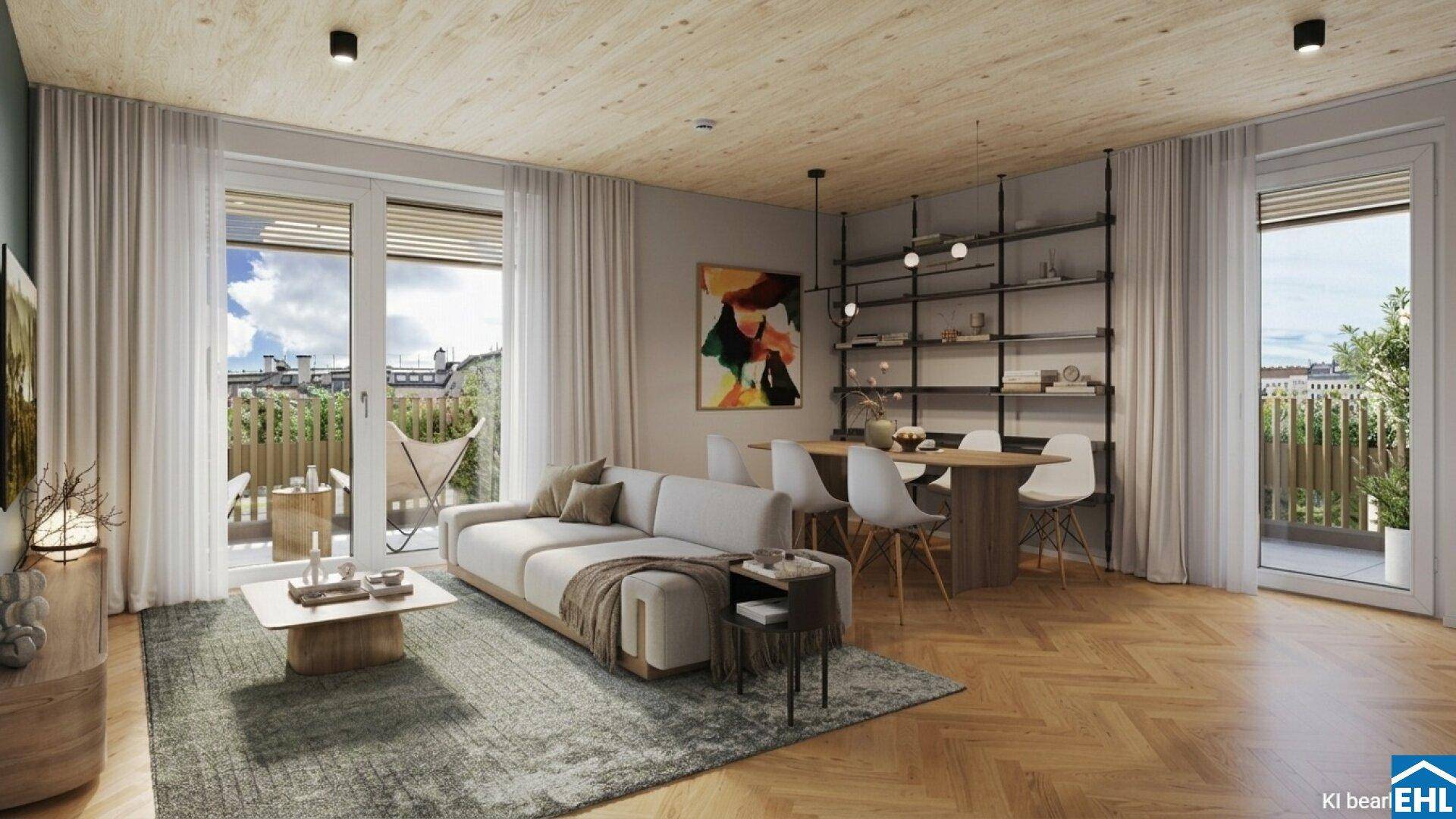 Helles Wohn- und Esszimmer mit Holzboden, Zugang zum Balkon und moderner Einrichtung.