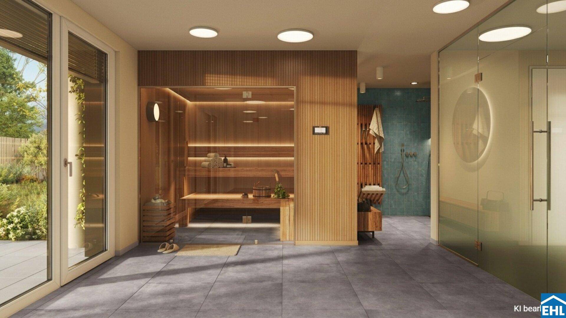 Moderner Wellnessbereich mit Sauna, Dusche und Zugang zu einem Außenbereich.