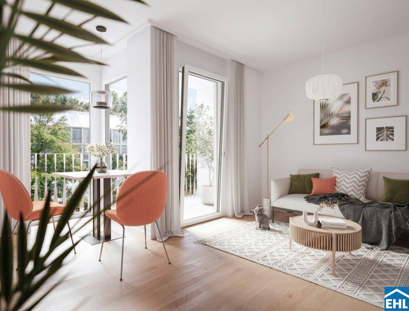 Heller Wohn- und Essbereich mit Zugang zu einem Balkon und modernem Interieur.