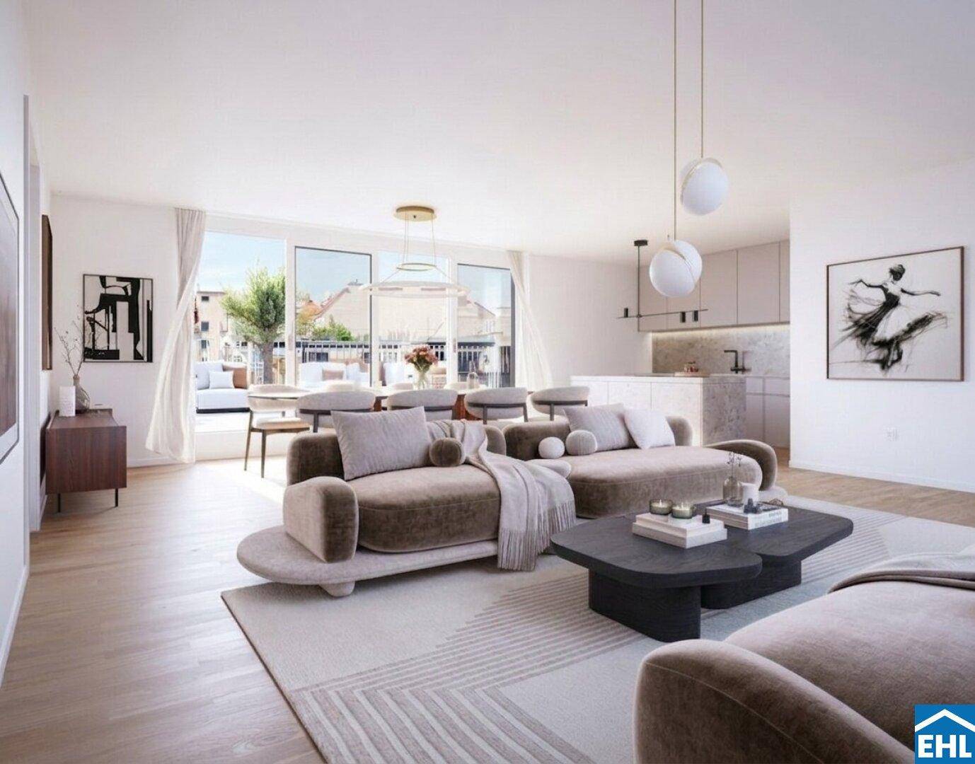Geräumiger offener Wohn-, Ess- und Küchenbereich mit luxuriöser Ausstattung und Terrassenzugang.