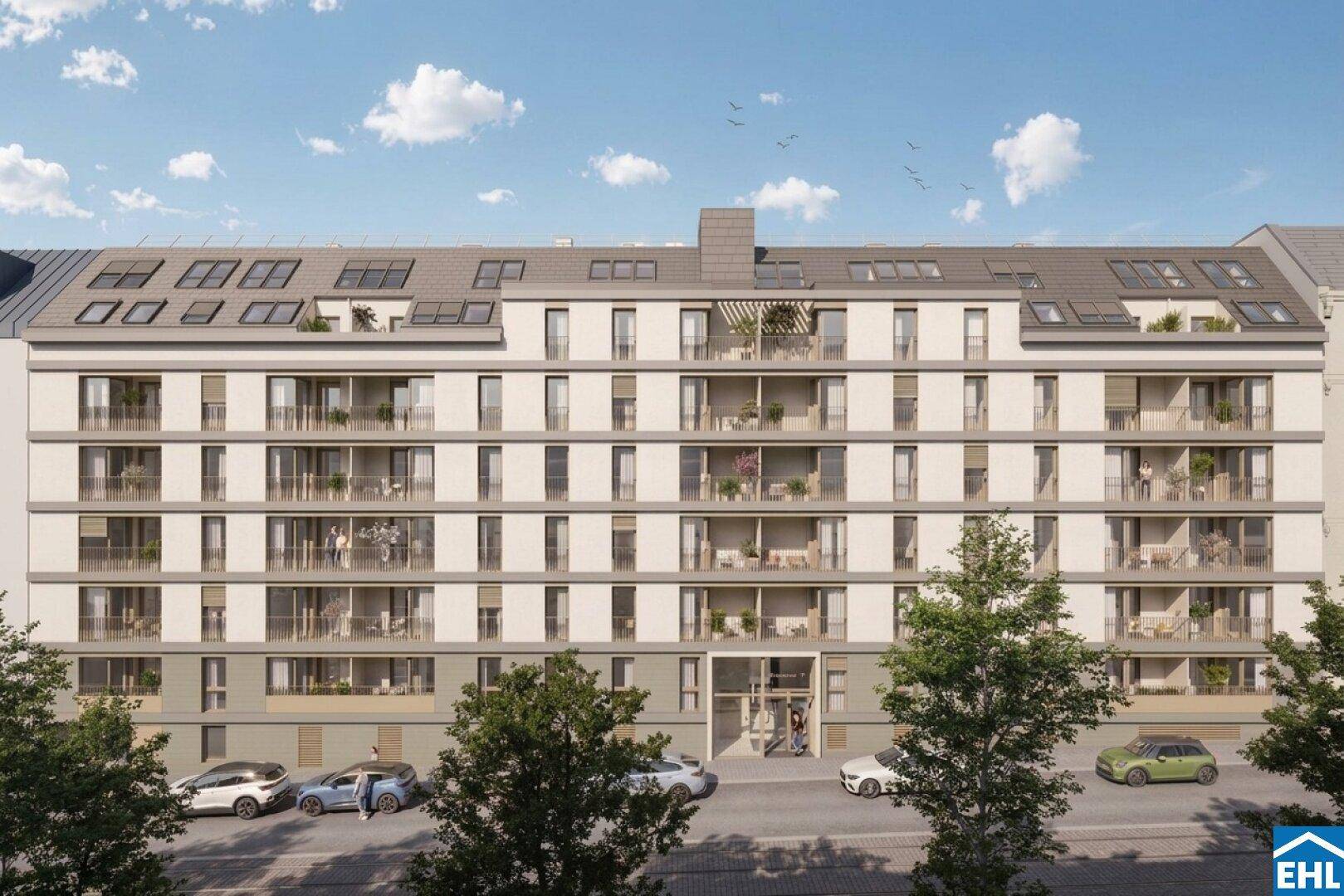 Moderne Wohnanlage mit zahlreichen Balkonen und großen Fenstern in städtischer Umgebung.