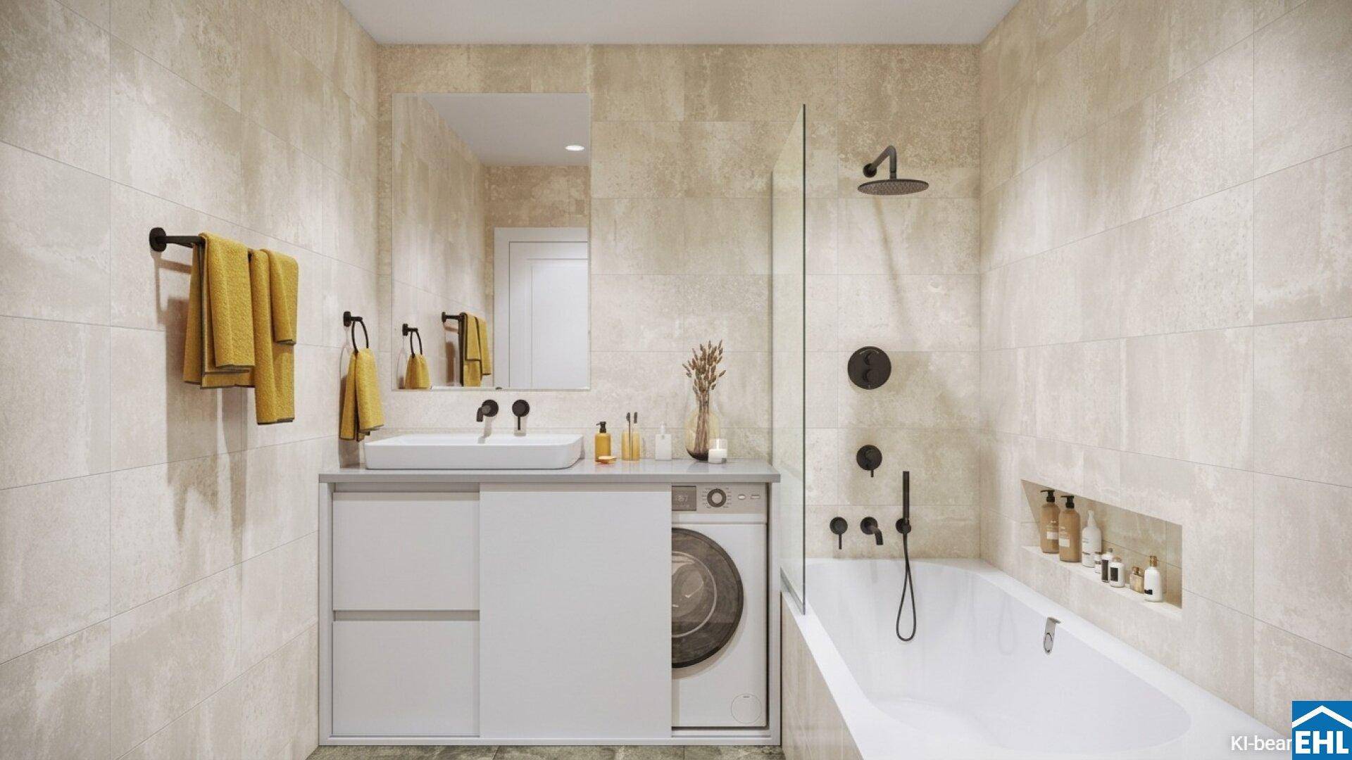 Modernes Badezimmer mit beigefarbenen Fliesen, Badewanne, Dusche und integrierter Waschmaschine.
