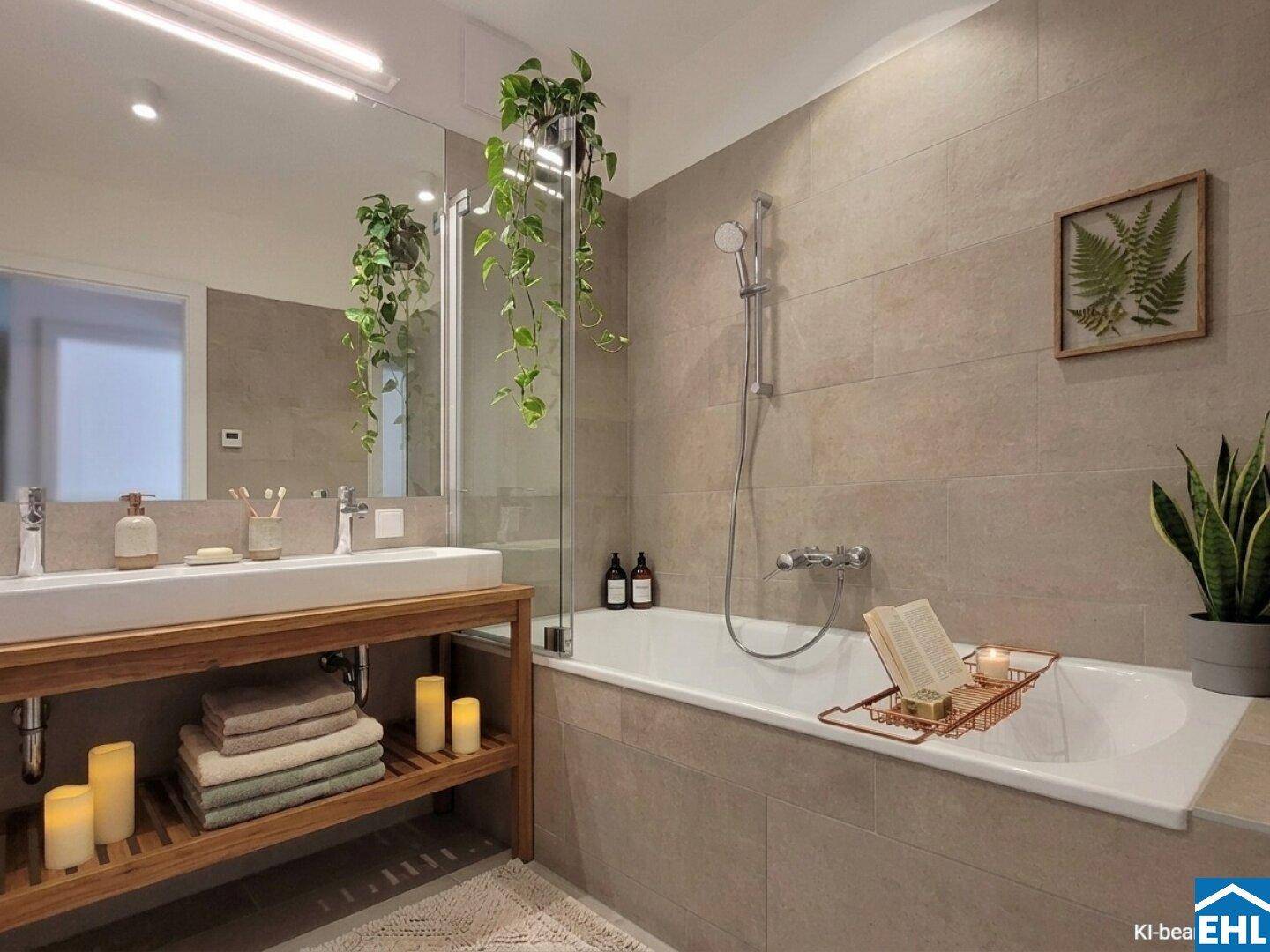 Modernes Badezimmer mit Badewanne, Doppelwaschbecken und großen Fliesen, dekoriert mit Pflanzen.