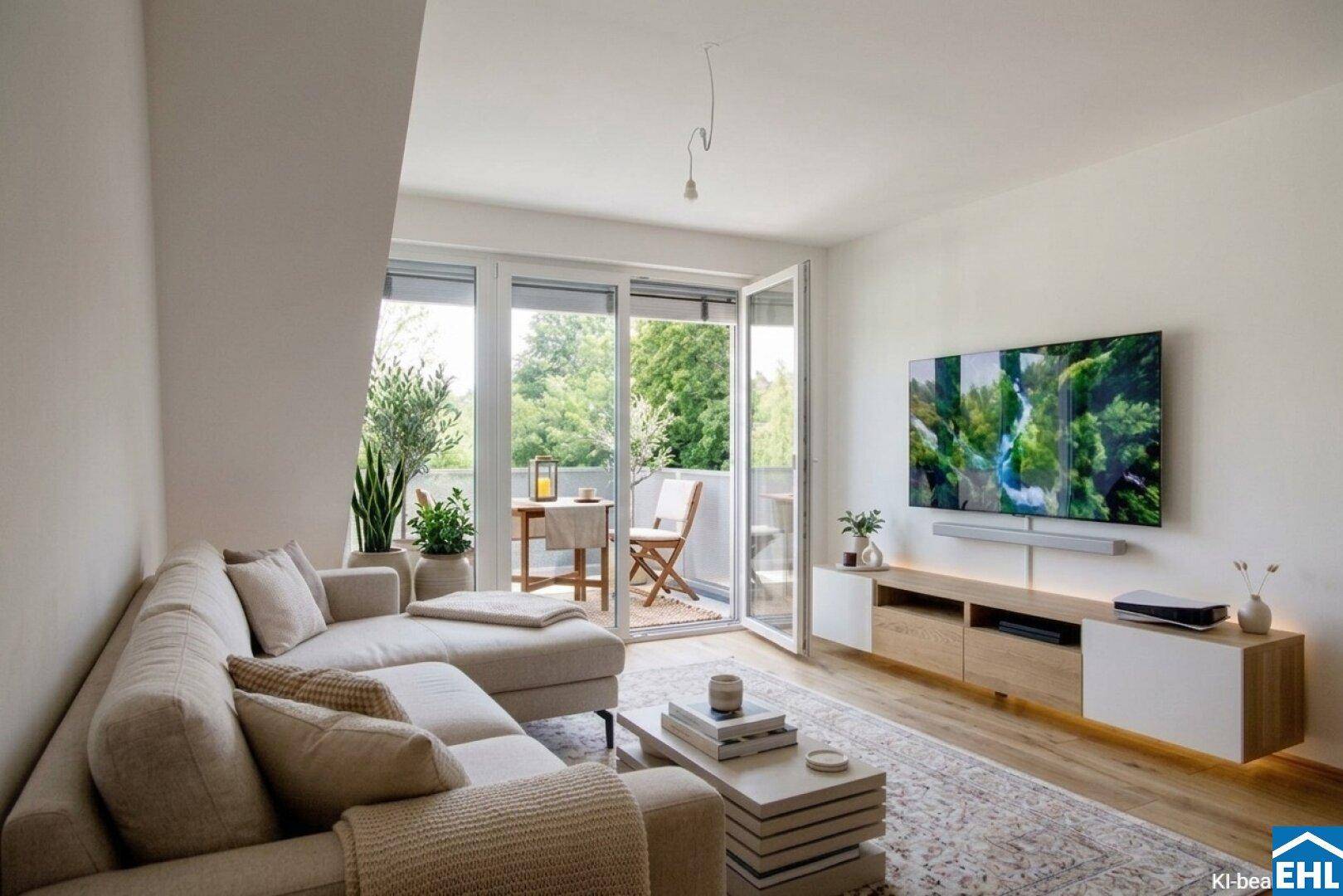 Helles Wohnzimmer mit modernem Sofa, TV und direktem Zugang zu einem möblierten Balkon mit Grünblick.