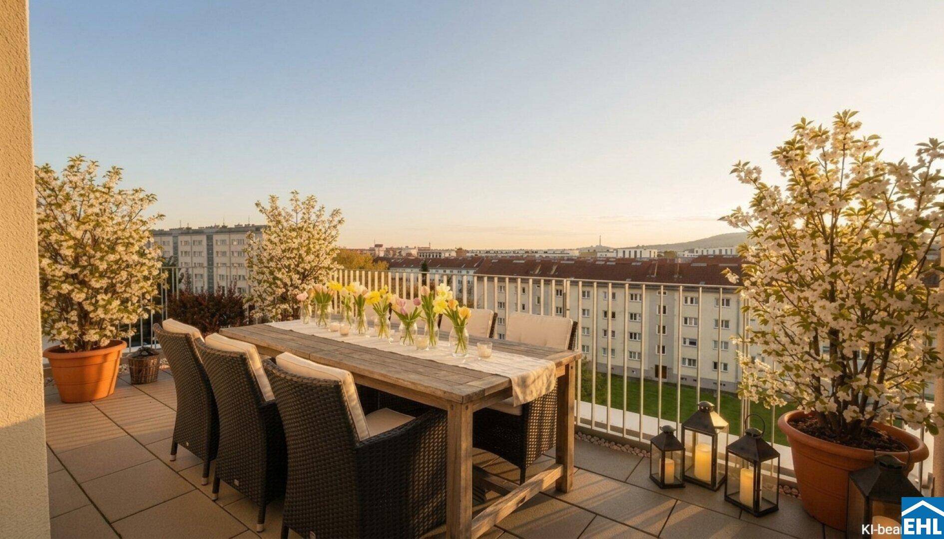 Geräumige Dachterrasse mit Esstisch, Pflanzen und weitem Blick über die Stadt bei Sonnenuntergang.