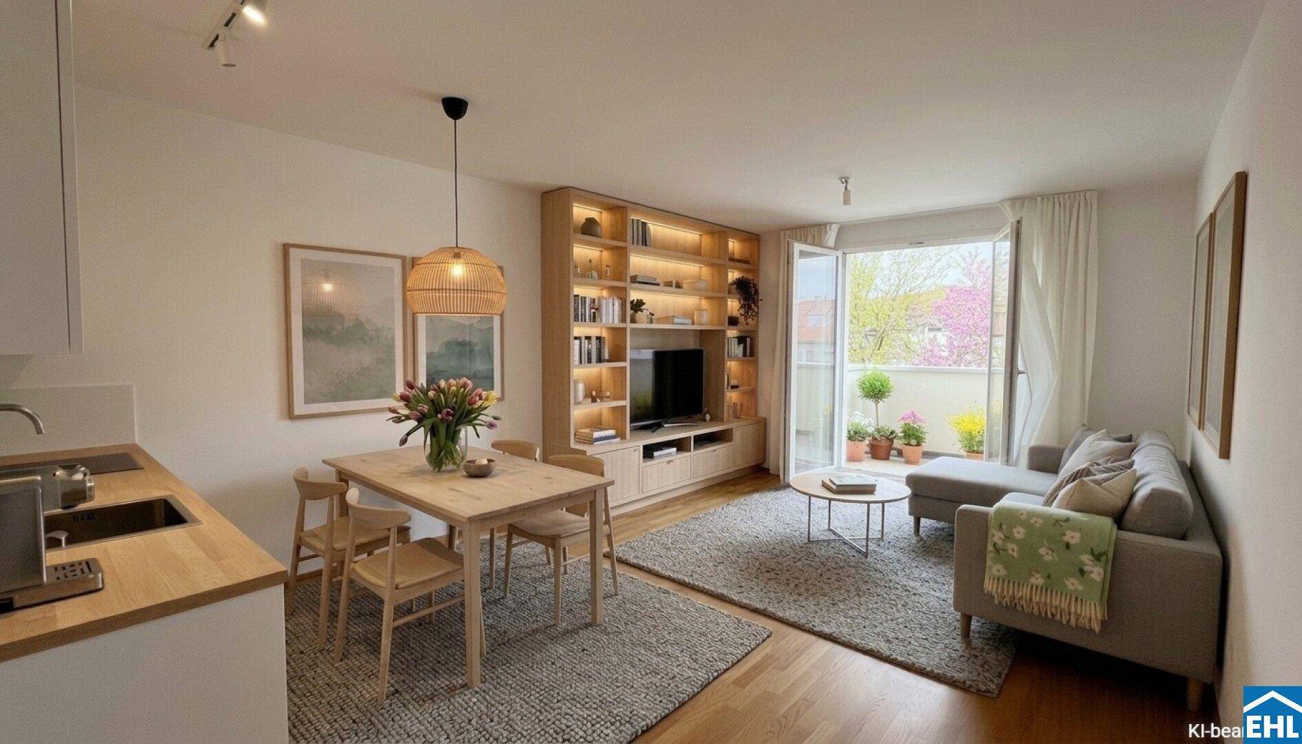 Gemütlicher Wohn-Essbereich mit Holzboden, Bücherregal und Zugang zu einem kleinen Balkon.