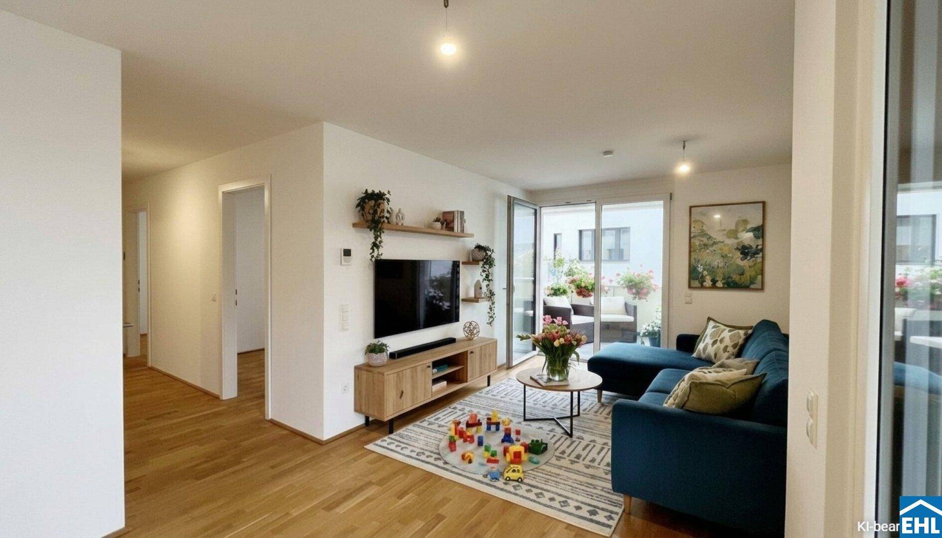 Helles Wohnzimmer mit Holzboden, bequemer blauer Couch und Blick auf den Außenbereich.