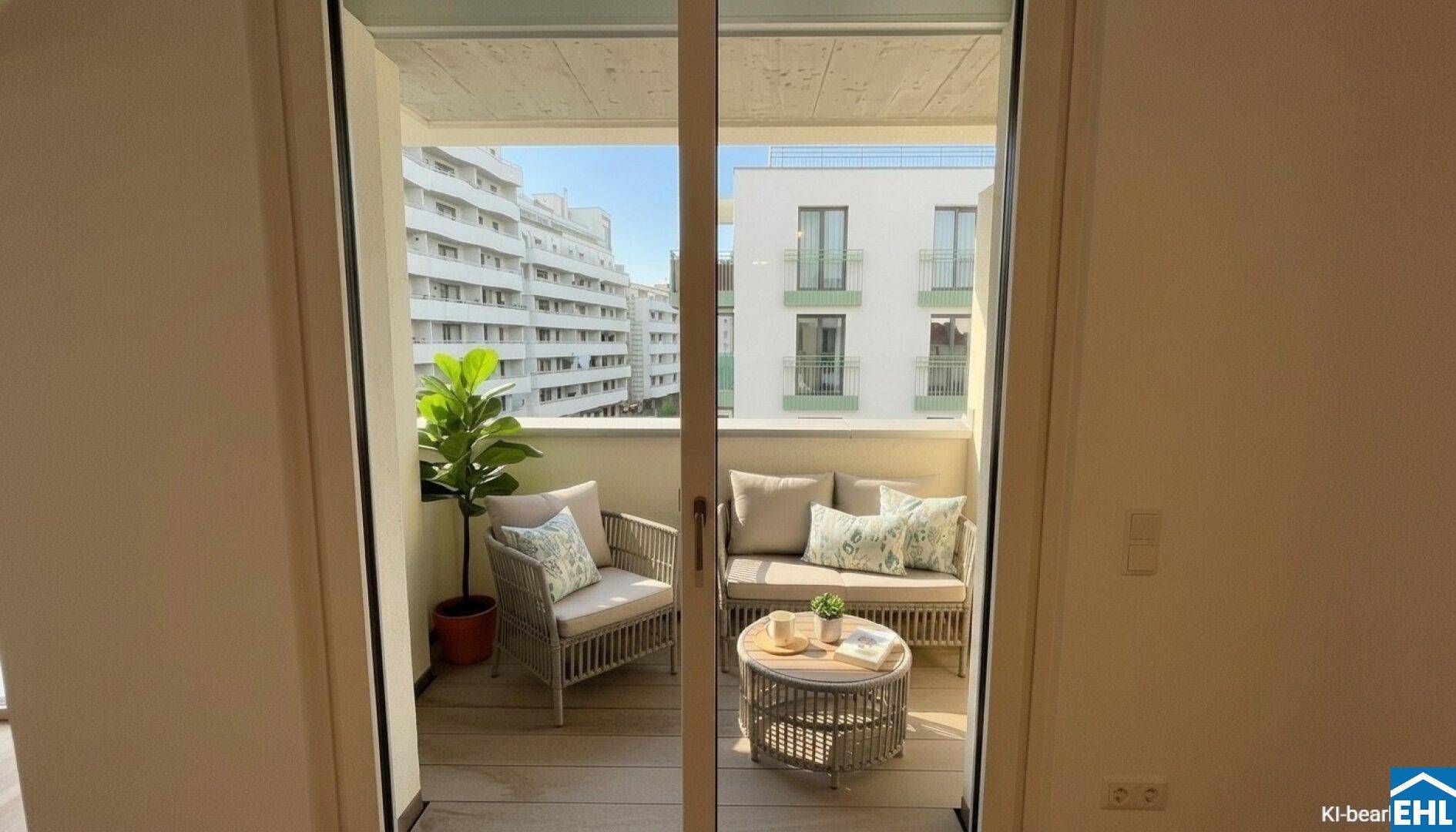 Kleiner, möblierter Balkon mit Sitzgelegenheiten und Blick auf die umliegenden Gebäude.