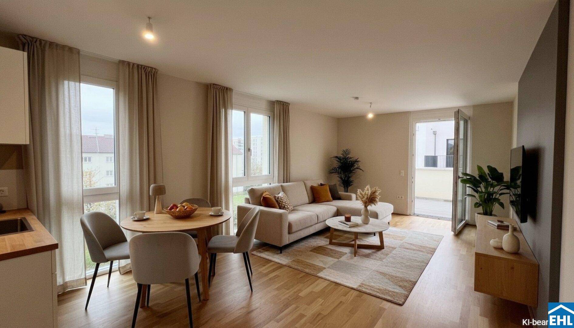Heller offener Wohn-Essbereich mit Holzboden, bequemer Couch und Zugang zum Balkon.