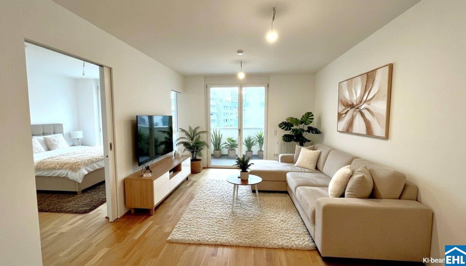 Geräumiges Wohnzimmer mit beigem Ecksofa, Holzboden und Zugang zu einem kleinen Balkon.