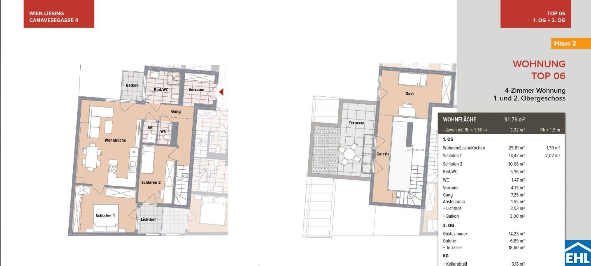 Grundriss einer 4-Zimmer-Wohnung auf zwei Ebenen mit offener Wohnküche, Schlafzimmern, Bad, WC, Balkon und Terrasse.