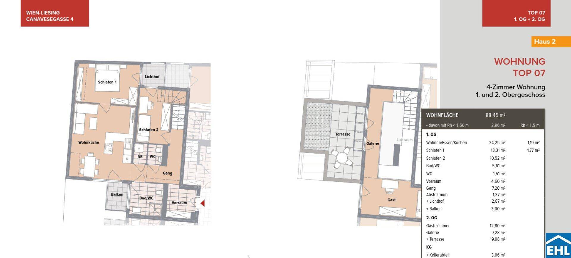 Grundriss einer 4-Zimmer-Wohnung über zwei Etagen mit offener Wohnküche und Terrasse.