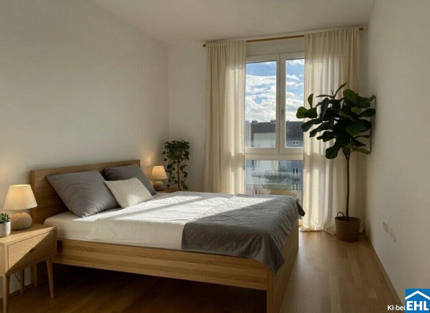 Lichtdurchflutetes Schlafzimmer mit hellem Holzbett, Nachttischen und großem Fenster mit Vorhängen.