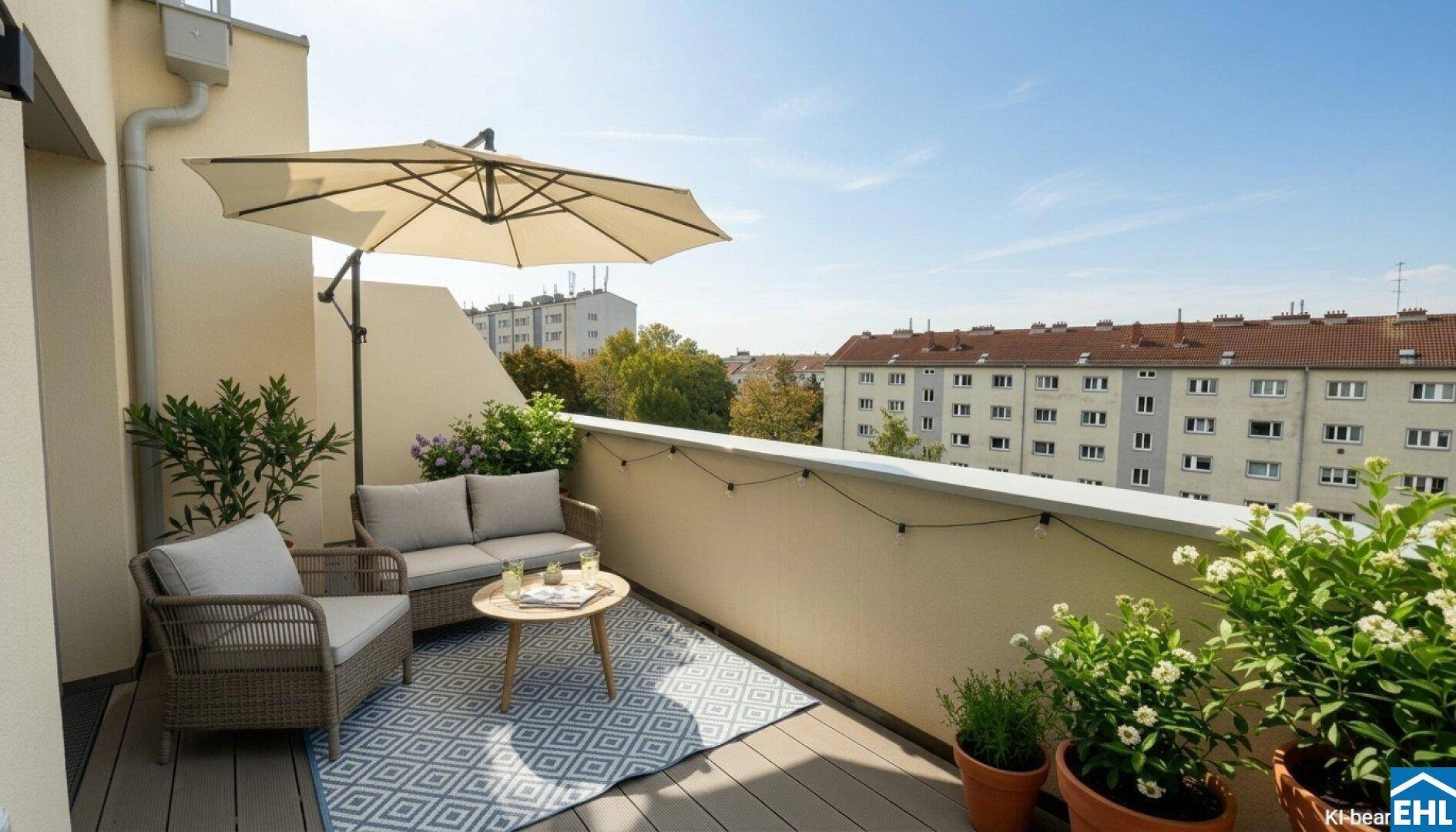 Gemütlicher Balkon mit Sitzgelegenheiten, Sonnenschirm und Blick auf die Stadt.