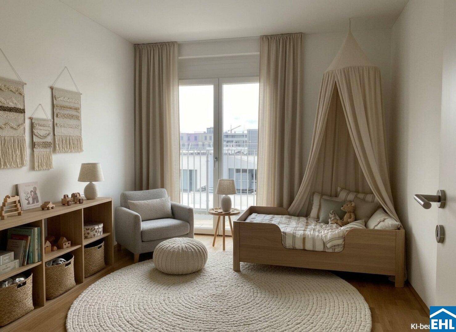 Helles Kinderzimmer mit Holzbett, Spielzeug und Zugang zu einem französischen Balkon.