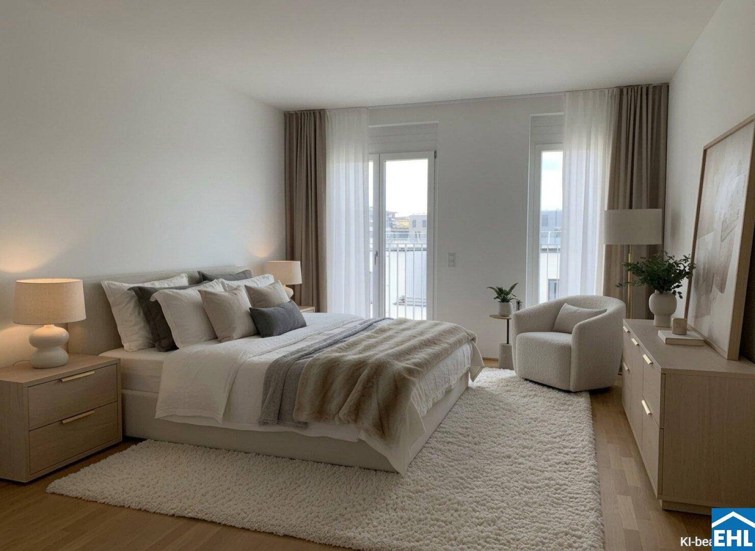 Gemütliches Schlafzimmer mit großem Bett, weichem Teppich und Zugang zu einem französischen Balkon.