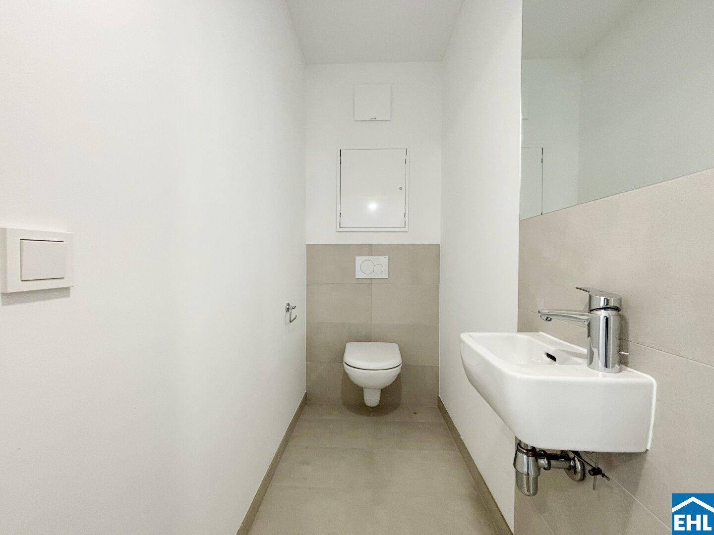 Separates Gäste-WC mit Wand-WC, kleinem Waschbecken und modernen Fliesen.