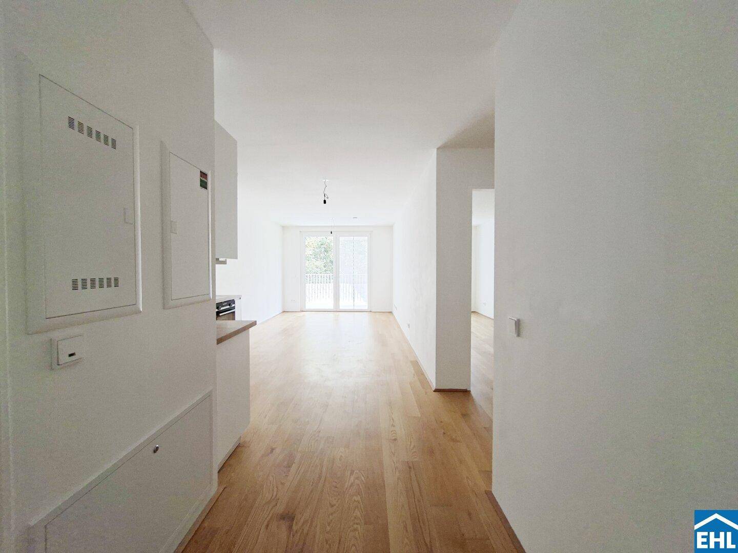 Eingangsbereich mit Holzboden und weißen Wänden, inklusive Installationskästen.