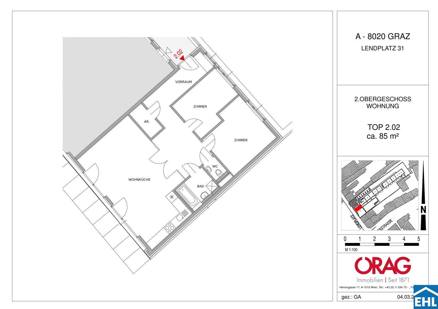 Grundriss der 85 m² Wohnung im 2. Obergeschoss mit Wohnküche und zwei Zimmern.