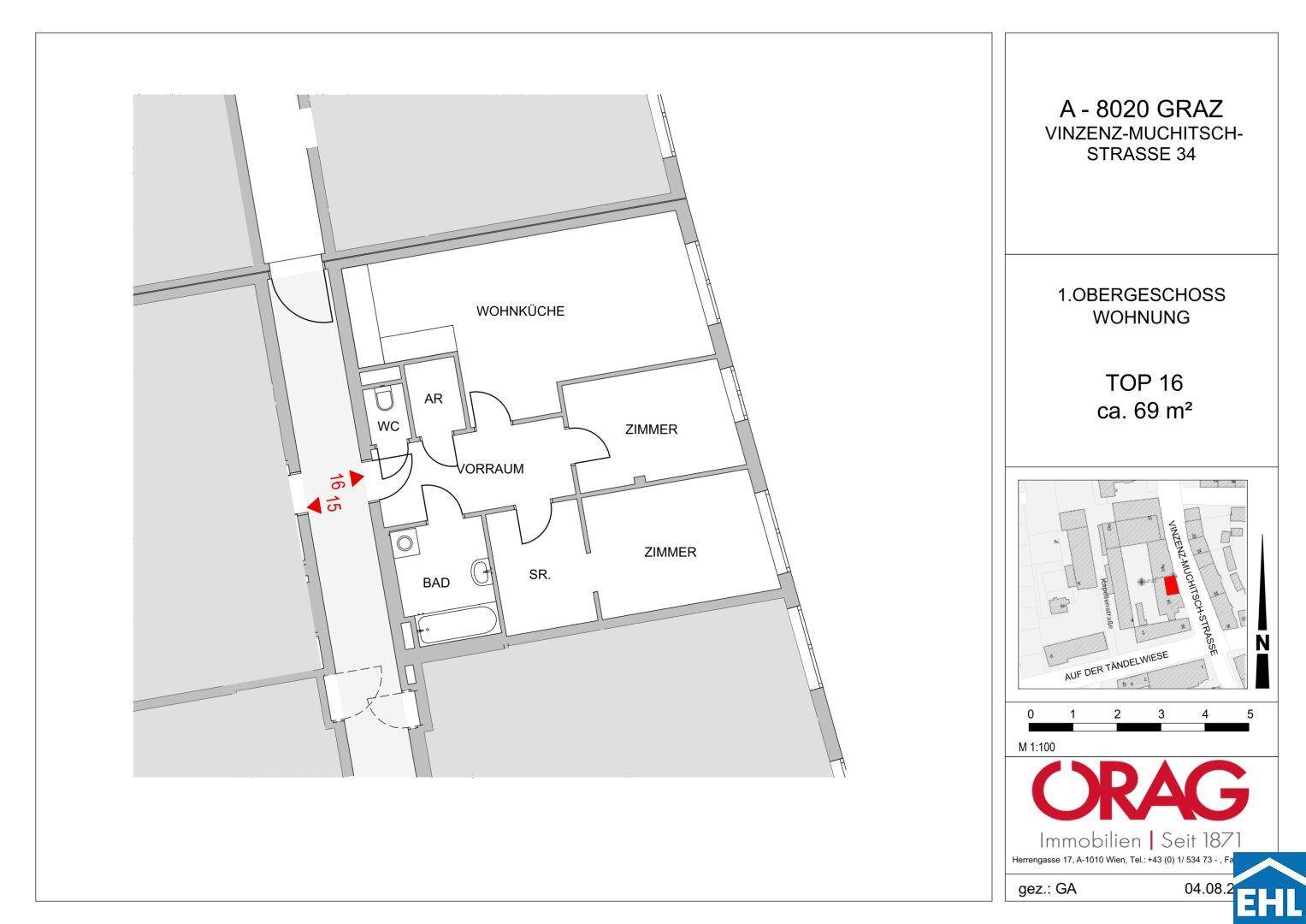 Grundriss der Wohnung Top 16 im 1. Obergeschoss mit ca. 69 m² Wohnfläche.