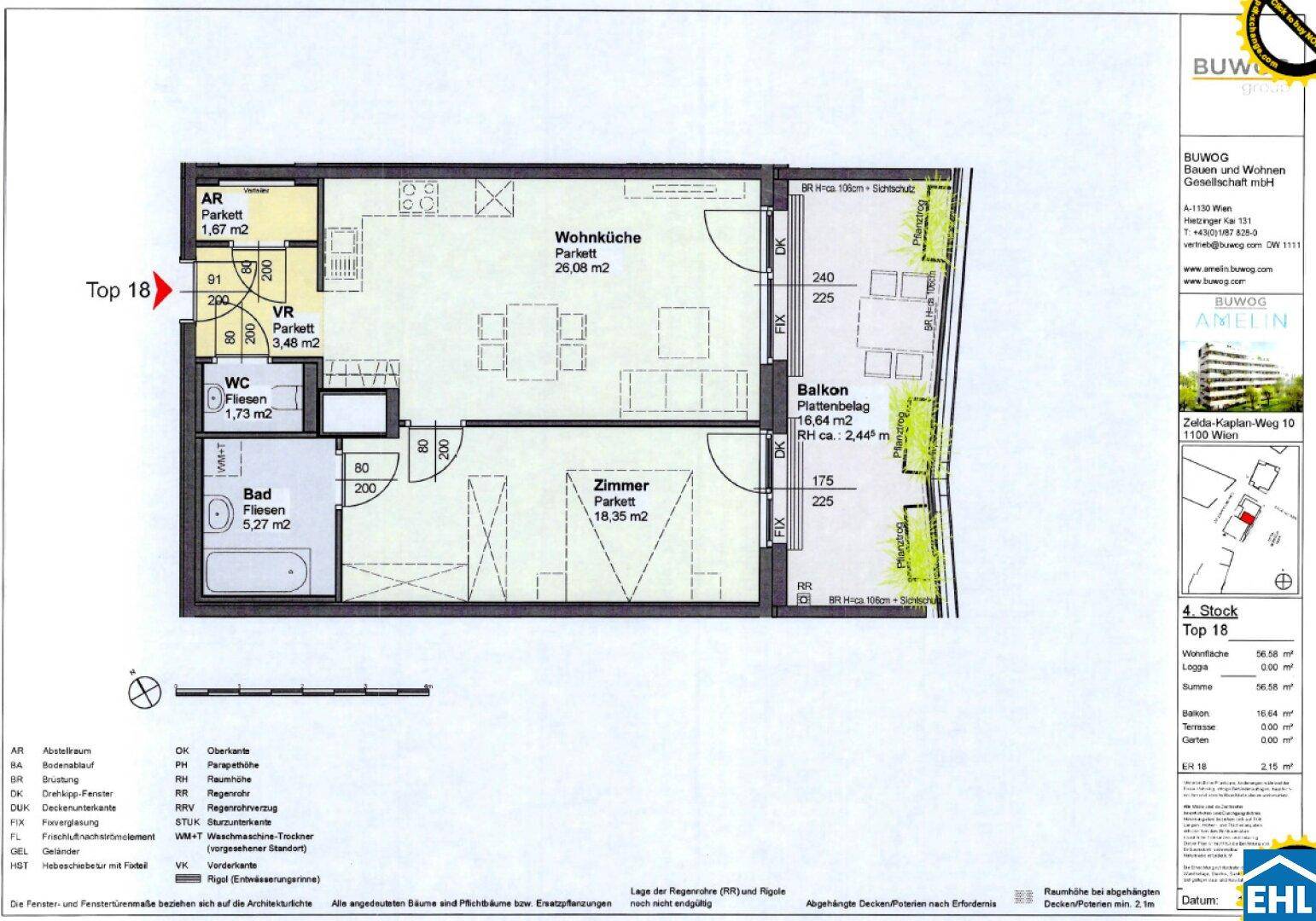 Detaillierter Grundriss der Wohnung mit offener Wohnküche, Schlafzimmer, Bad, WC und Balkon.