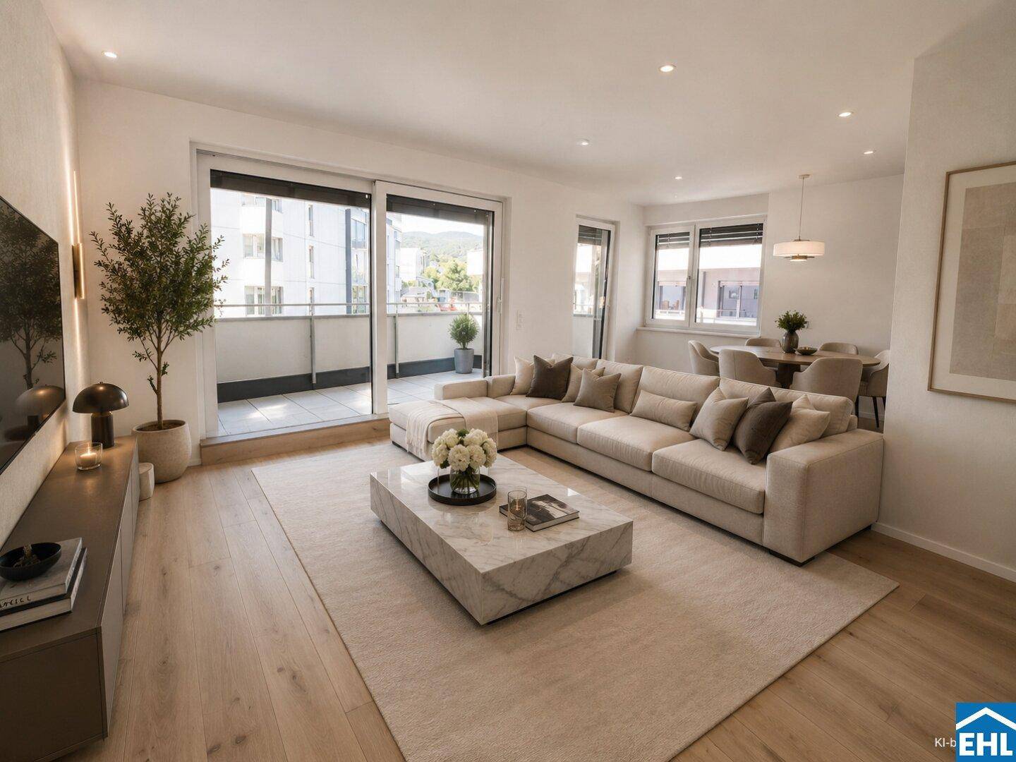 Helles, modernes Wohn-Esszimmer mit großem Sofa, Holzboden und Zugang zu einem Balkon.