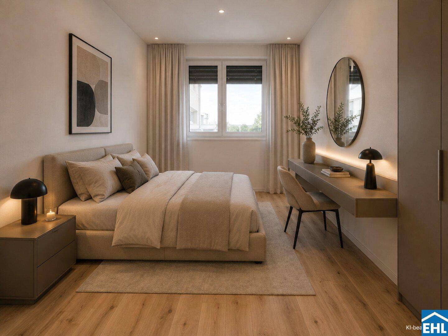Modernes Schlafzimmer mit Doppelbett, Holzboden, Schreibtisch und einem großen Fenster.