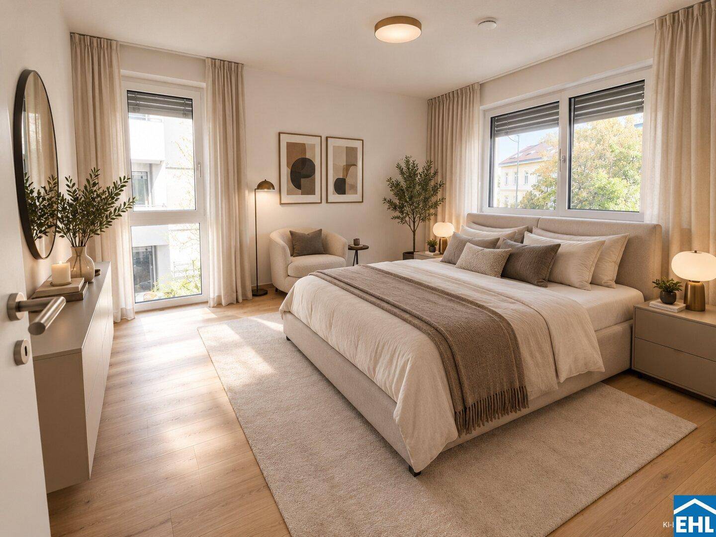 Helles Schlafzimmer mit Doppelbett, zwei Fenstern, Holzboden und Zugang zu einem Außenbereich.