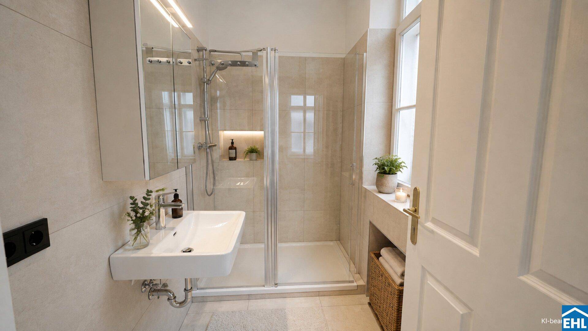 Modernes Badezimmer mit begehbarer Dusche, Einzelwaschbecken, Spiegelschrank und Fenster für Tageslicht.