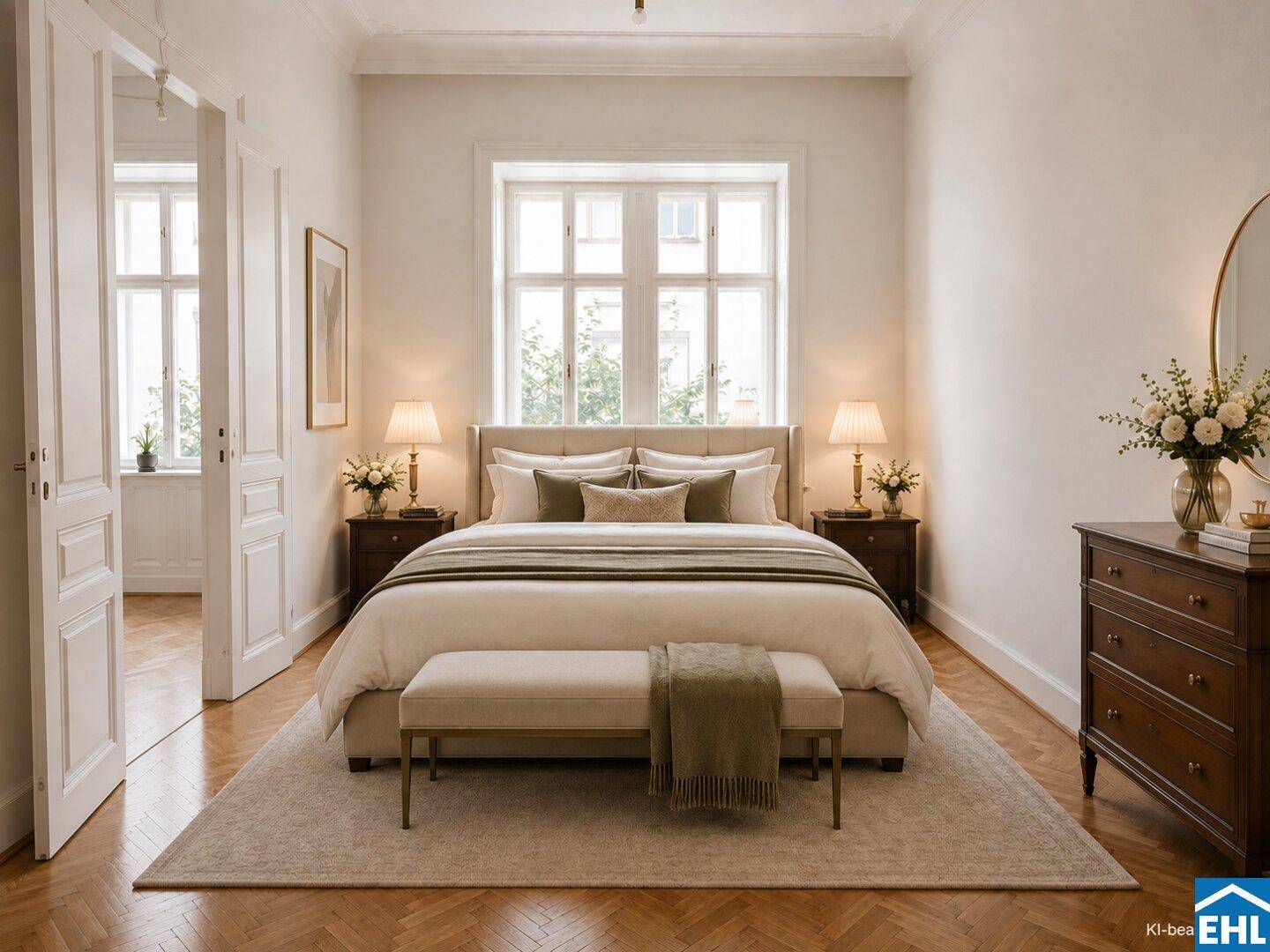 Gemütliches Schlafzimmer mit großem Bett, Nachttischen und Fischgrätparkett, durchflutet von natürlichem Licht.