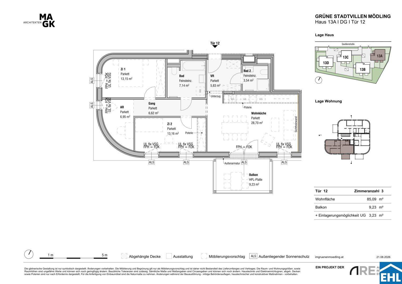 Grundriss einer modernen Wohnung mit offener Wohnküche, zwei Schlafzimmern, zwei Bädern und einem Balkon.
