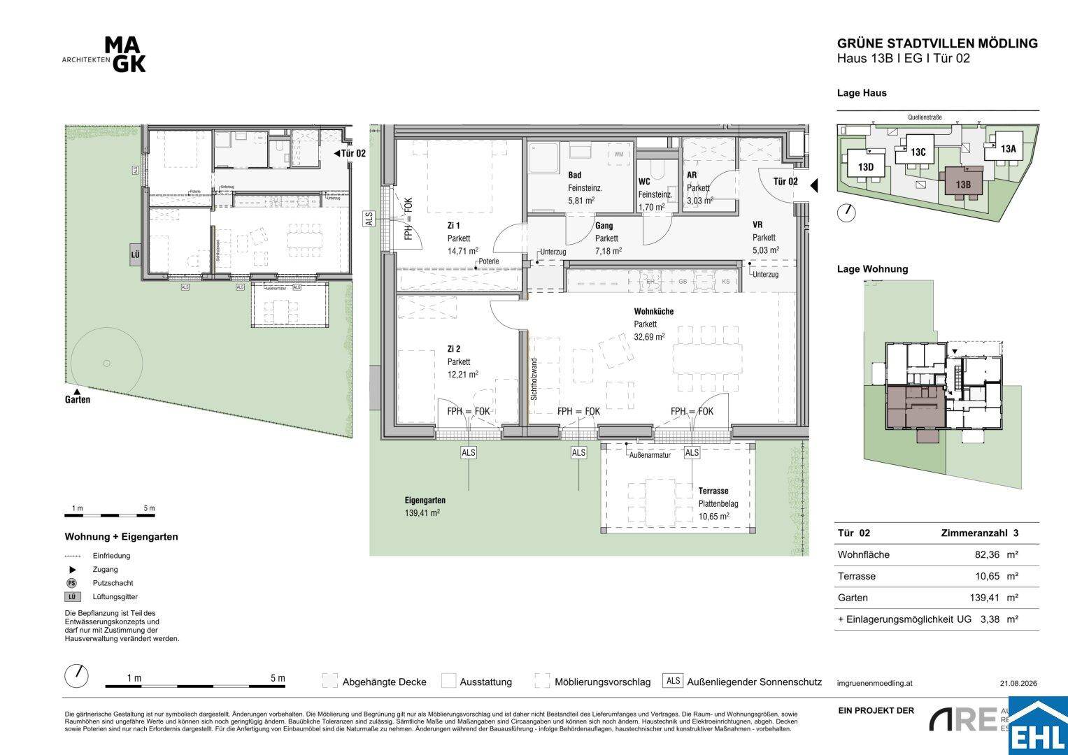Grundriss einer Erdgeschosswohnung mit offenem Wohn-Essbereich, zwei Schlafzimmern, Bad, WC, Terrasse und eigenem Garten.