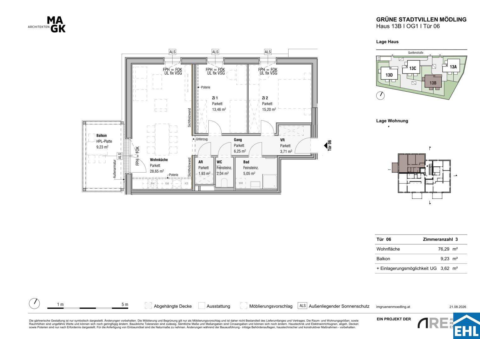 Grundriss einer Wohnung mit offener Wohnküche, zwei Schlafzimmern, Bad, separatem WC und Balkon.