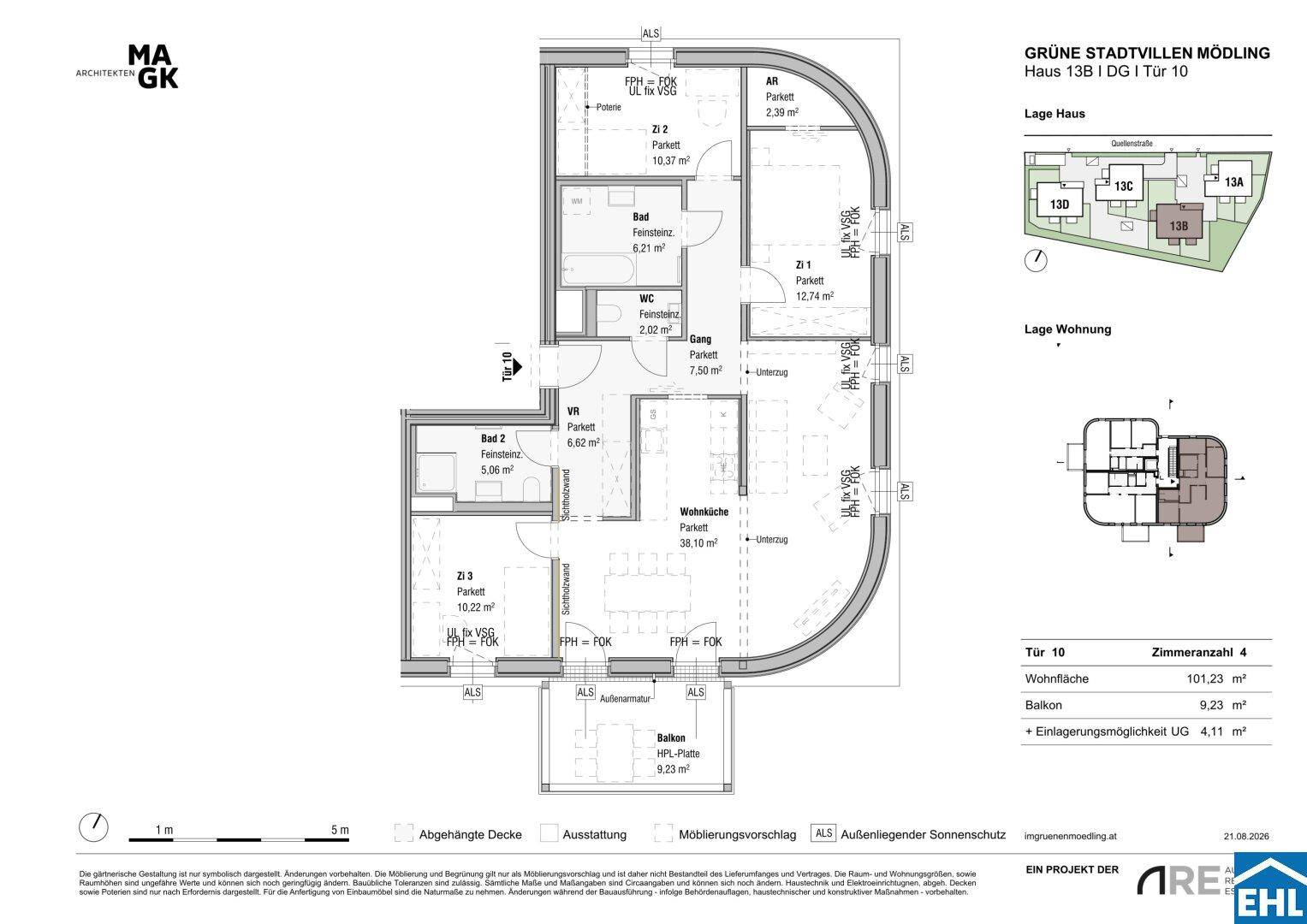 Grundriss einer modernen Wohnung mit offener Wohnküche, drei Zimmern, zwei Bädern und einem Balkon.
