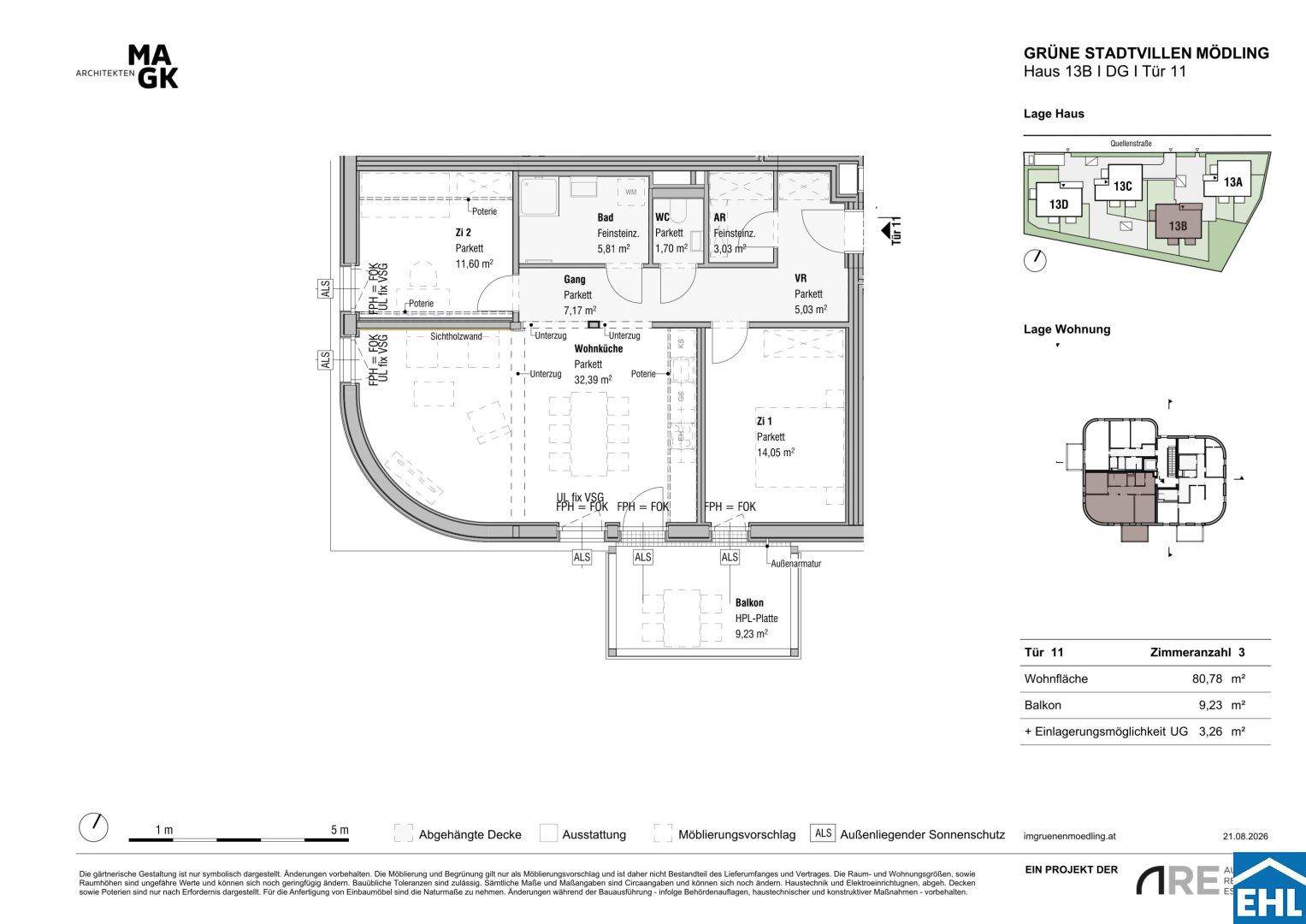Grundriss einer Wohnung mit offener Wohnküche, zwei Schlafzimmern, Bad, separatem WC und Balkon.
