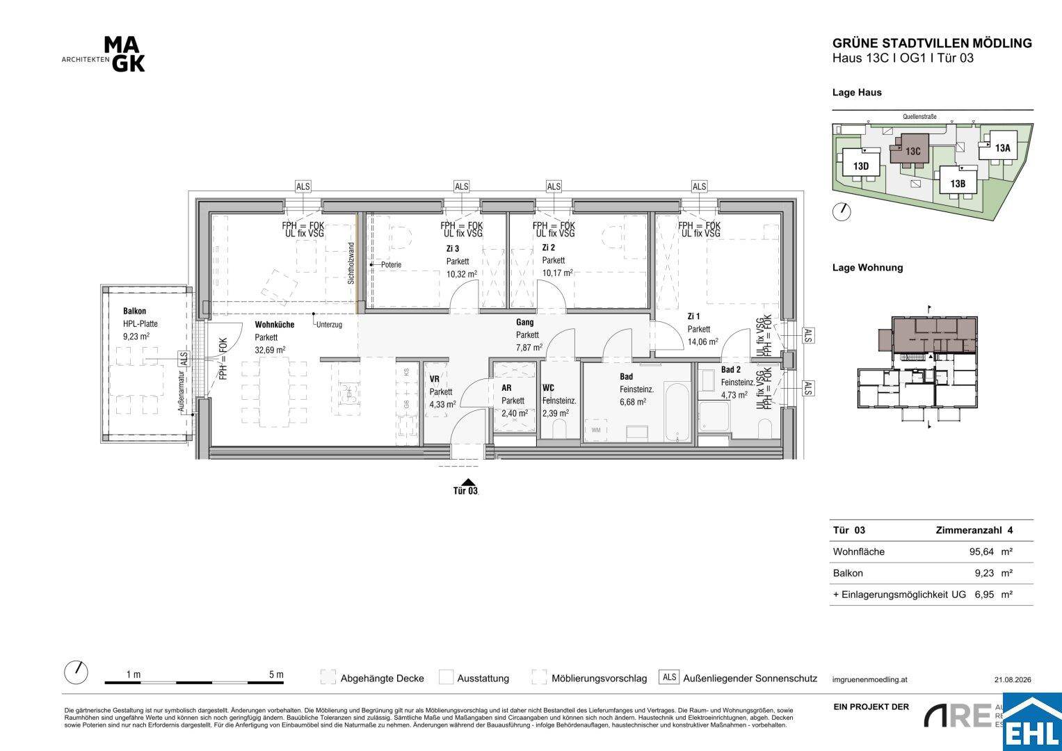 Grundriss einer 4-Zimmer-Wohnung mit offenem Wohn-Essbereich, zwei Bädern und einem Balkon.