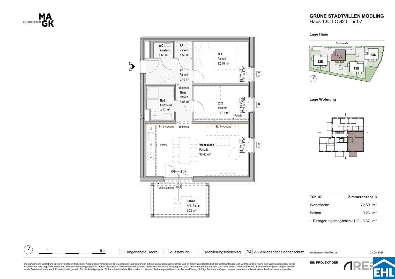 Grundriss einer 3-Zimmer-Wohnung mit offener Wohnküche, Balkon und separatem WC.