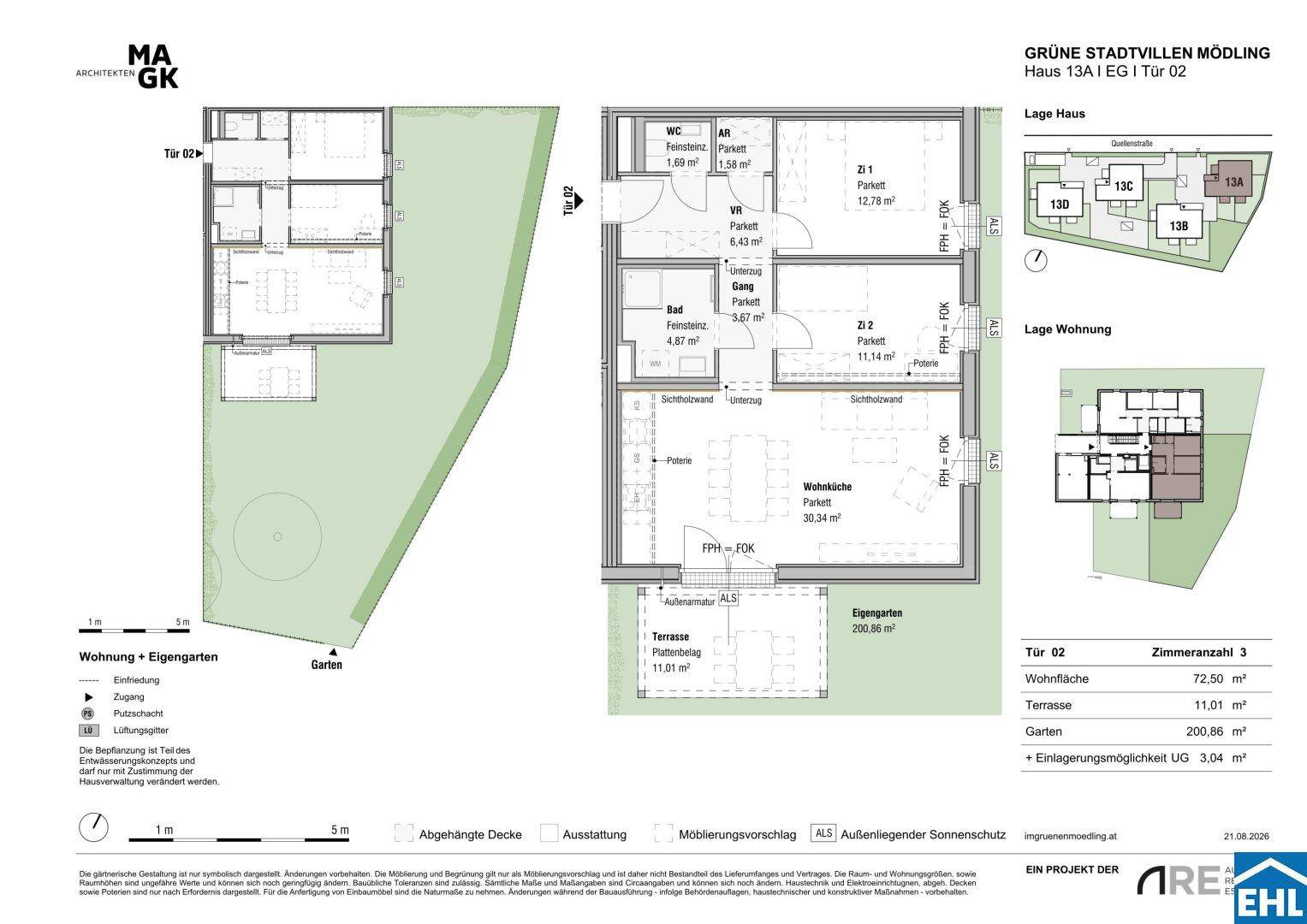 Grundriss einer Wohnung mit offener Wohnküche, zwei Schlafzimmern, Bad, separatem WC, Terrasse und großem Eigengarten.
