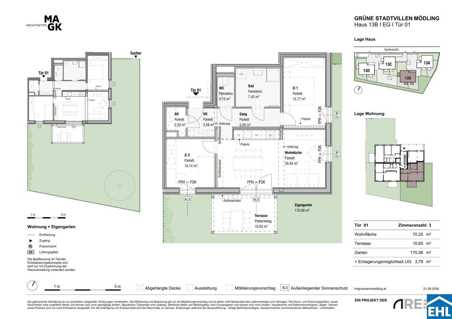 Detaillierter Grundriss einer 3-Zimmer-Wohnung mit offener Wohnküche, Terrasse und privatem Garten.