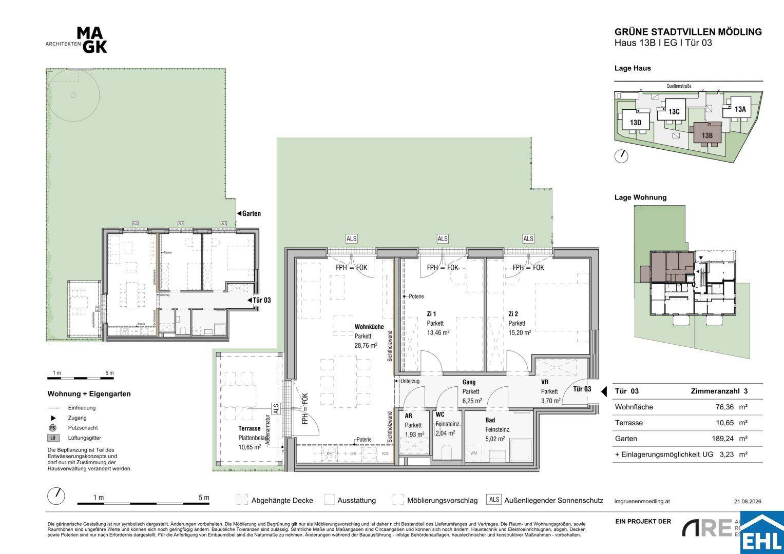 Detaillierter Grundriss einer Erdgeschosswohnung mit drei Zimmern, offener Wohnküche, Terrasse und großem Garten.
