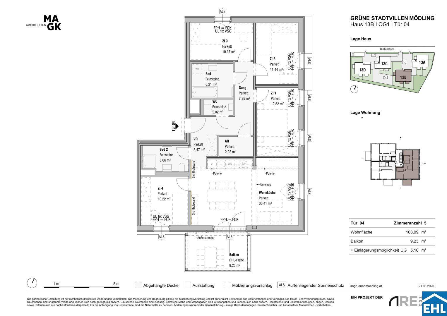 Wohnungsgrundriss mit offener Wohnküche, zwei Bädern, separatem Gäste-WC und einem Balkon.