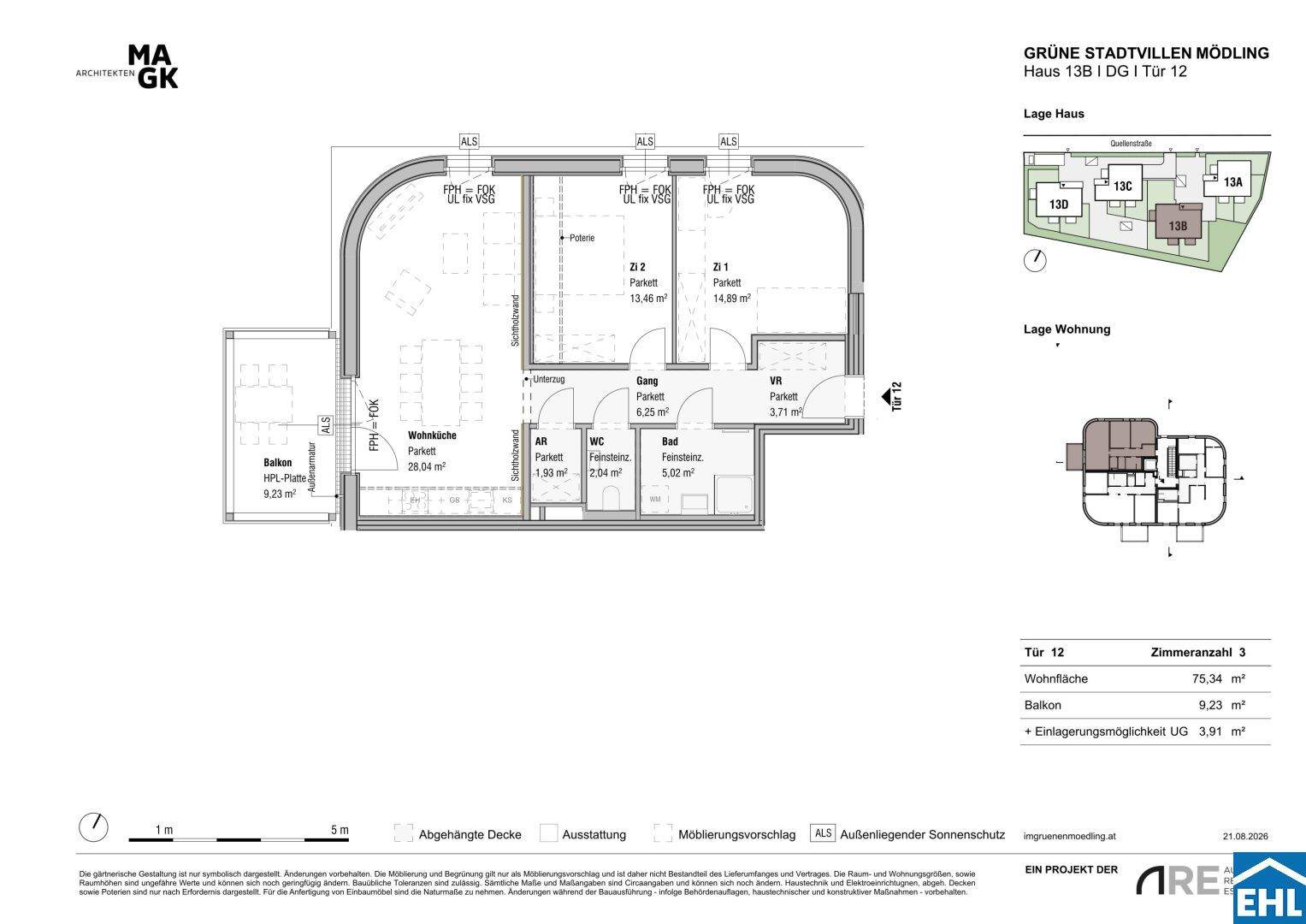Grundriss einer Wohnung mit offener Wohnküche, zwei Schlafzimmern, einem Badezimmer und separatem WC sowie einem Balkon.
