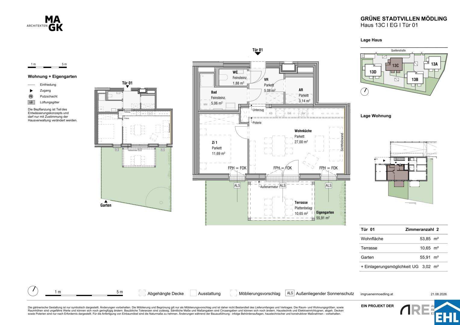 Grundriss einer modernen Erdgeschosswohnung mit offener Wohnküche, einem Schlafzimmer, Bad, separatem WC, Terrasse und eigenem Garten.