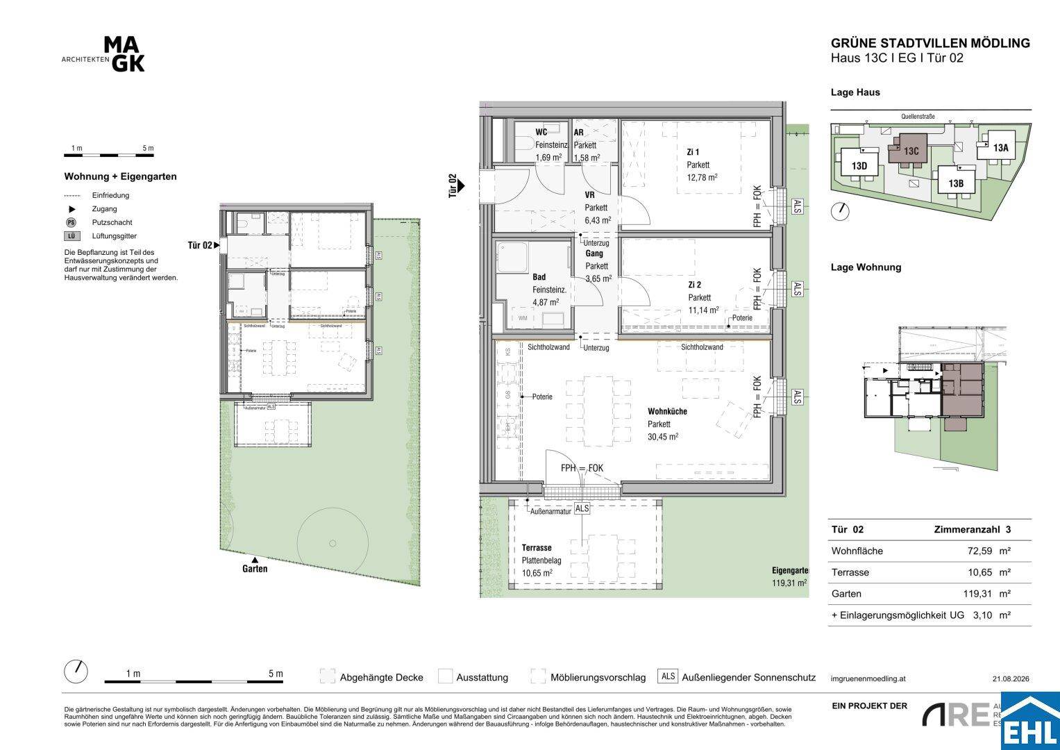 Detaillierter Grundriss einer Erdgeschosswohnung mit offenem Wohn- und Küchenbereich, zwei Schlafzimmern, Bad, separatem WC, Terrasse und privatem Garten.