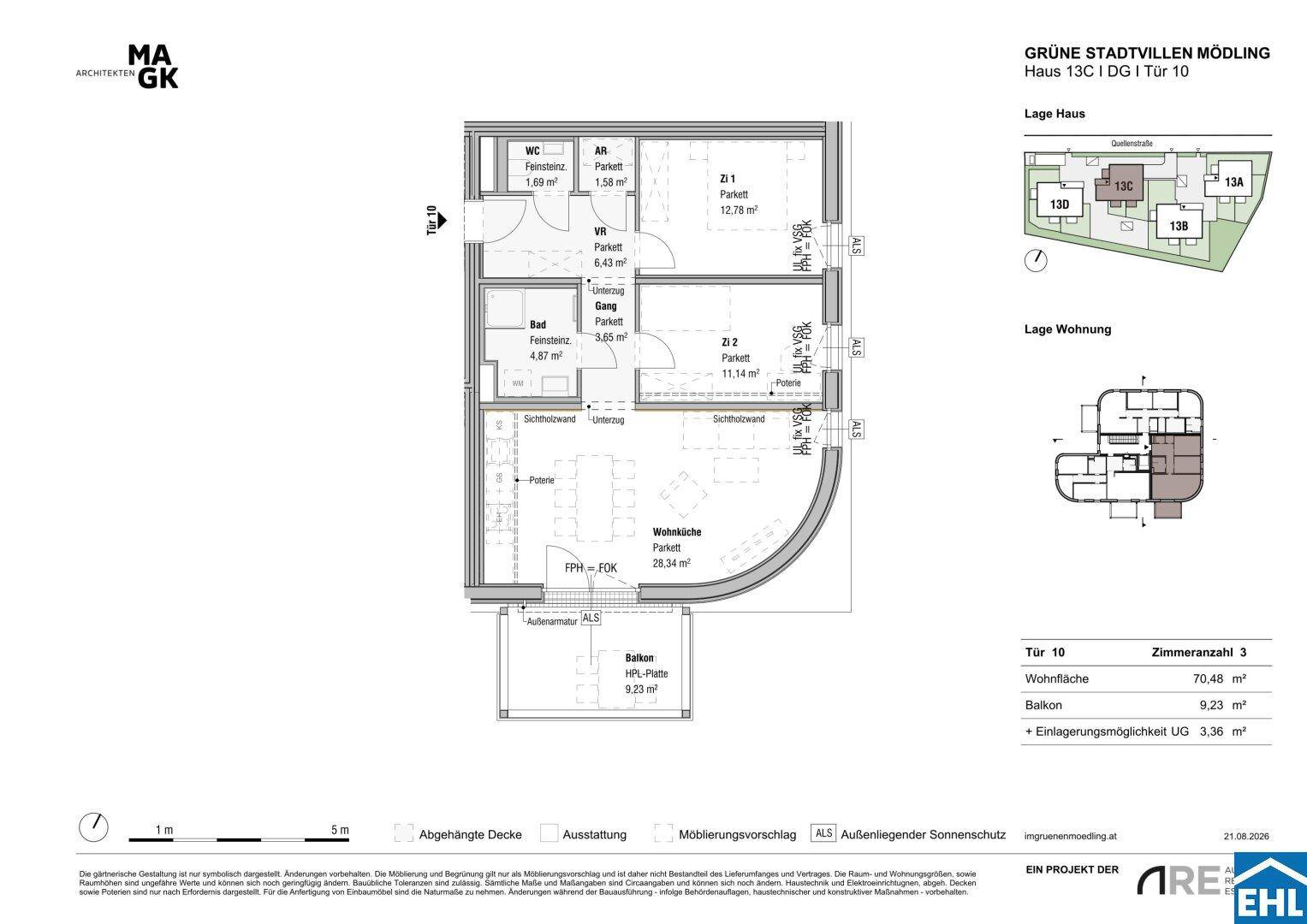Grundriss der Wohnung Tür 10 mit offener Wohnküche, zwei Schlafzimmern, Bad, separatem WC und Balkon.