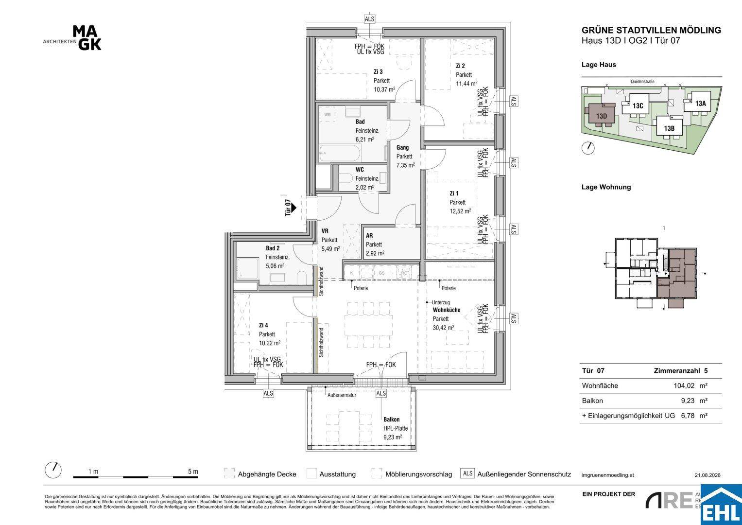 Grundriss einer modernen Wohnung mit offener Wohnküche, zwei Bädern, separatem WC und Balkon.