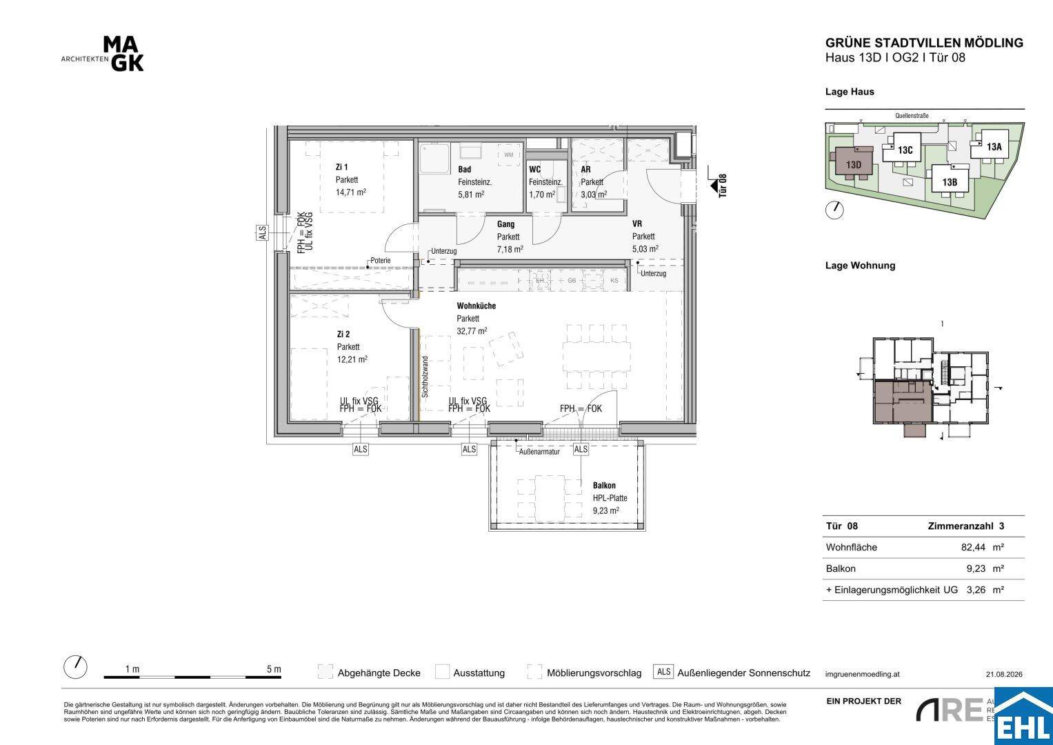 Grundriss einer Wohnung mit offenem Wohn-Essbereich, zwei Schlafzimmern und Balkon.