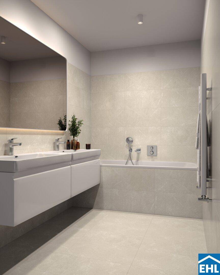 Modernes Badezimmer mit Doppelwaschbecken, Badewanne und beheiztem Handtuchhalter.