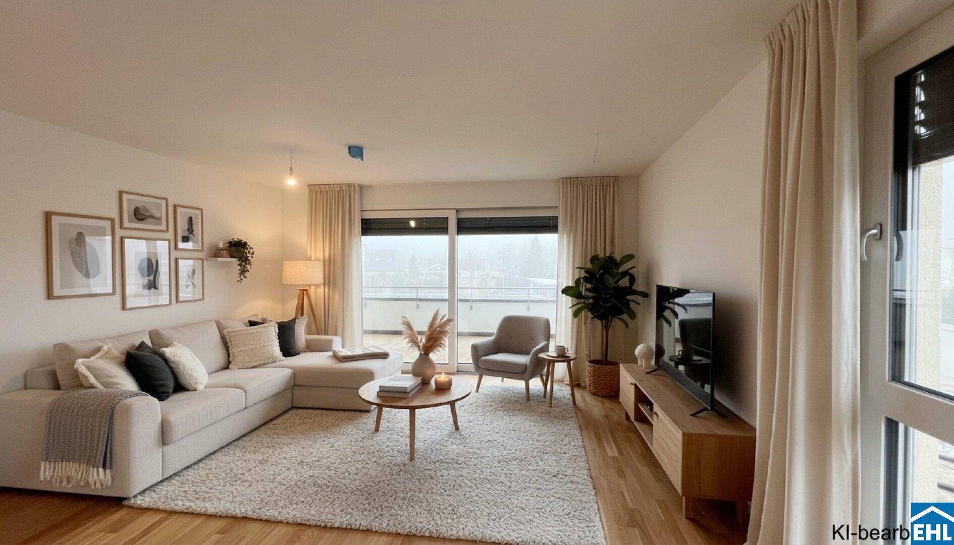 Gemütliches Wohnzimmer mit großem Sofa, Teppich und Zugang zu einem Balkon mit Weitblick.