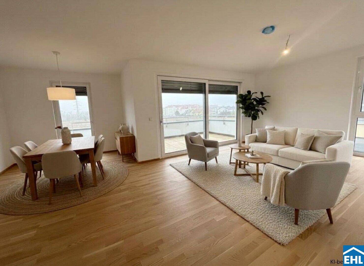 Heller Wohn- und Essbereich mit Holzboden und Zugang zur Terrasse, ideal für Familien.